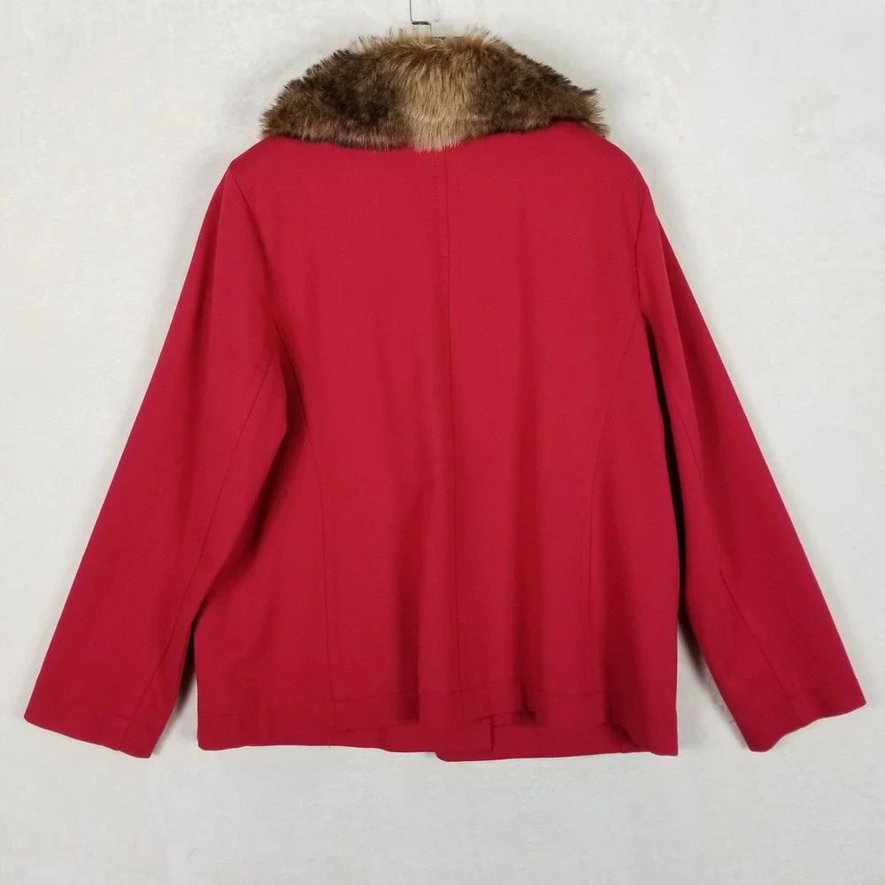 Chico's Double Breasted Jacket Womens 3 Red Faux Fur Collar Stretch Peacoat